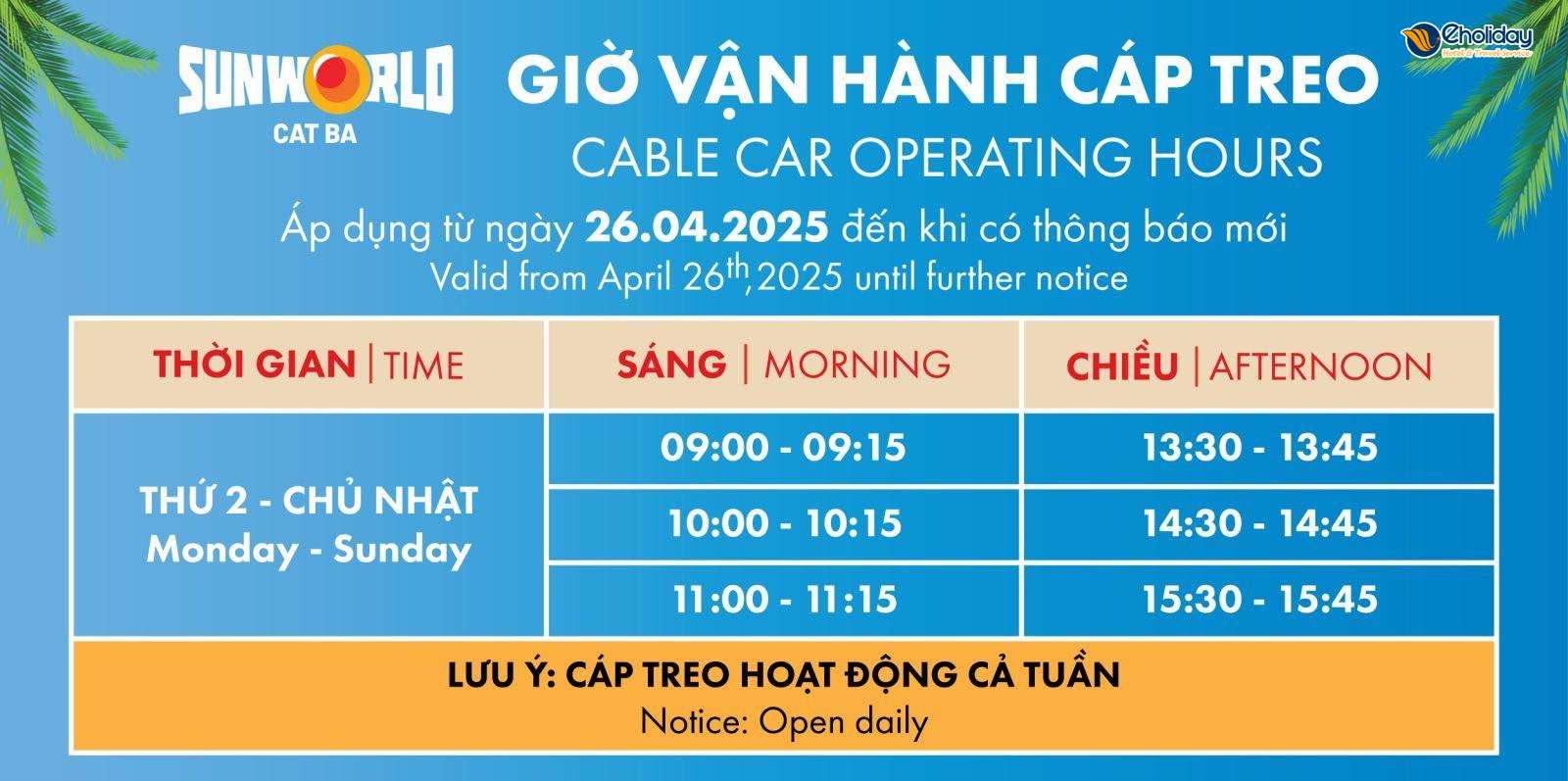 Thời Gian Hoạt động Cáp Treo Cát Bà